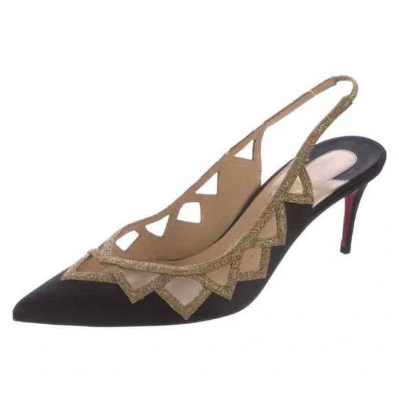 Christian Louboutin black/gold Glitter Patterned Slingback Pumps - Picture 2 of 5